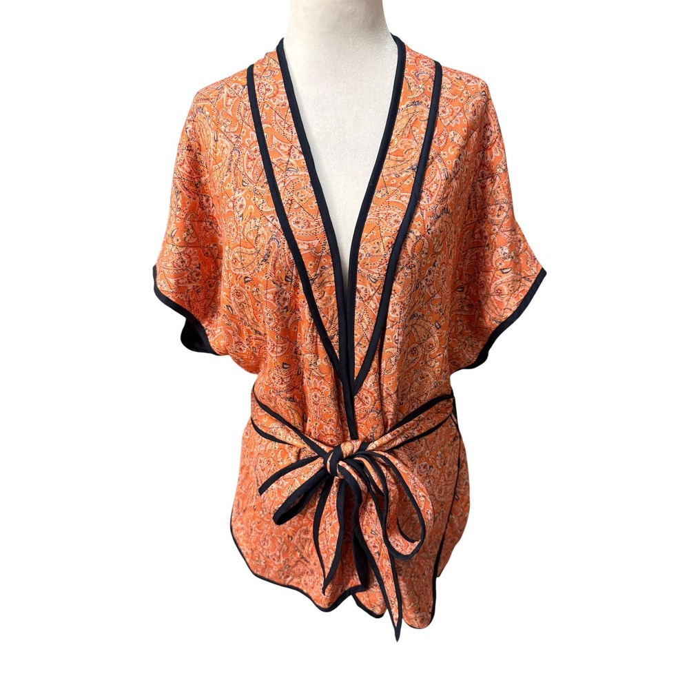 J. Jill Women Quilted Paisley Wrap Top Kimono Orange Navy Blue S-L 286411